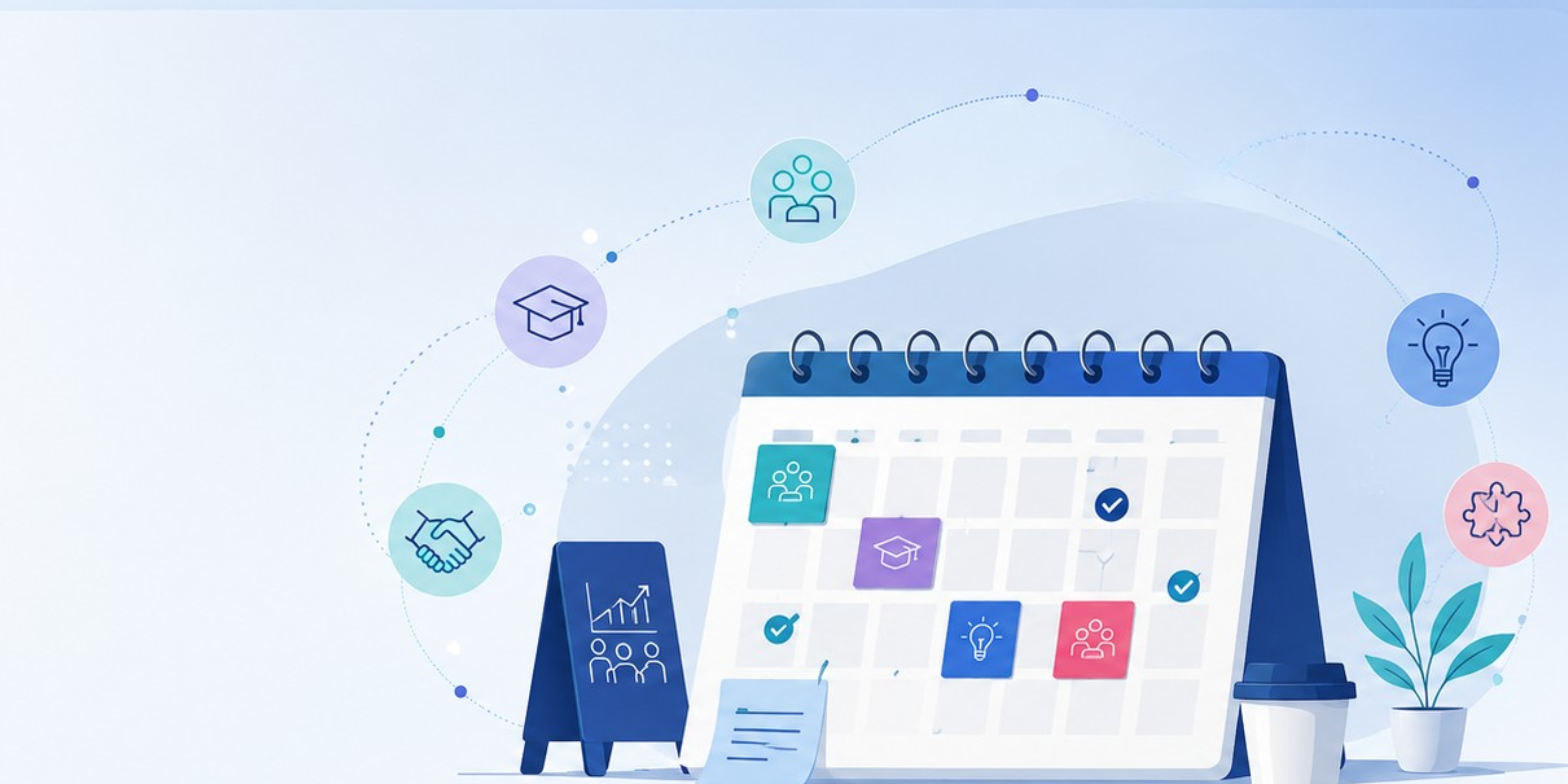 Desk calendar with event icons and checkmarks, surrounded by symbols for ideas, teamwork, and learning.